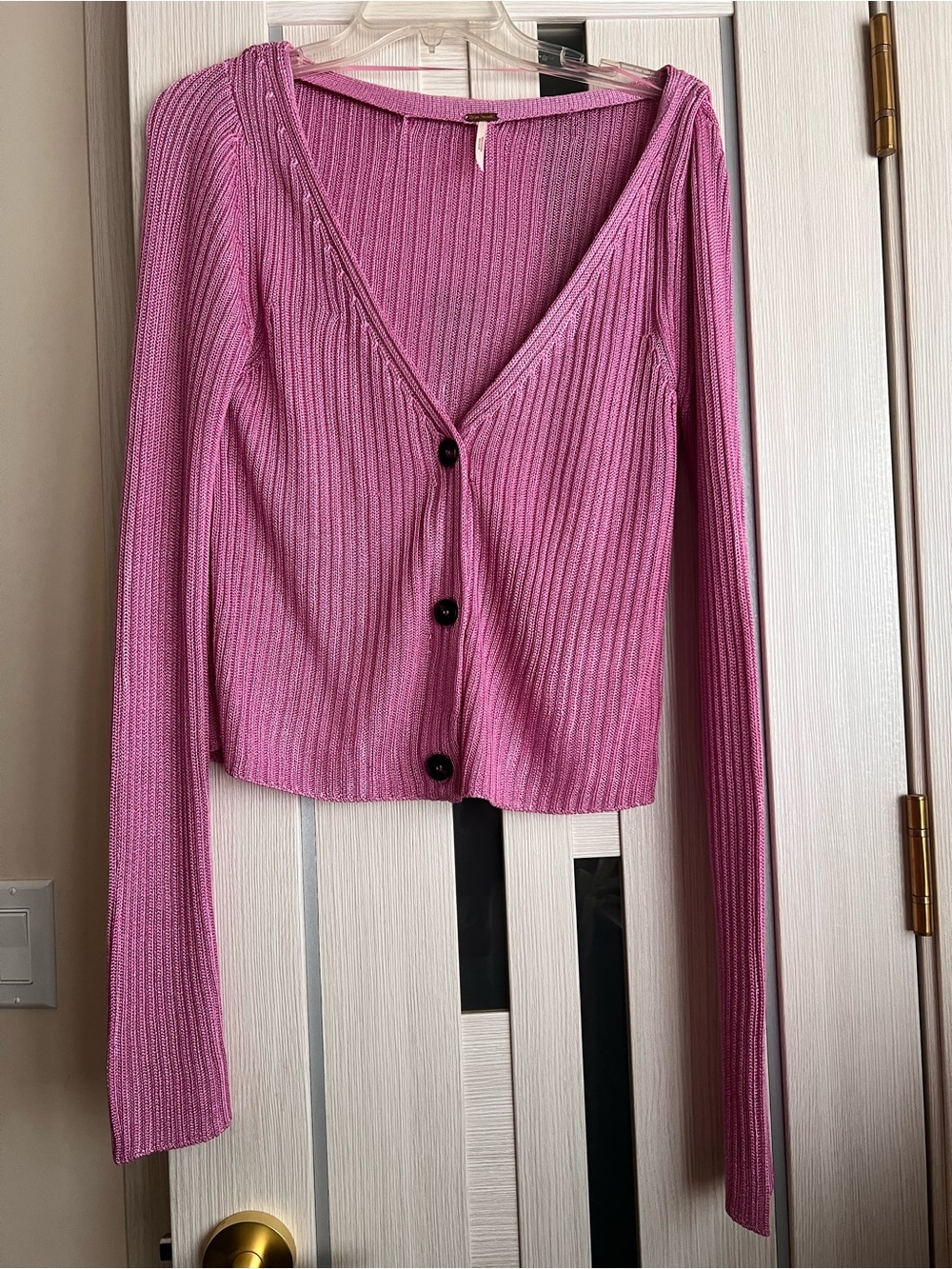 Free People Pink Ribbed V-Neck Button-Up Cardigan